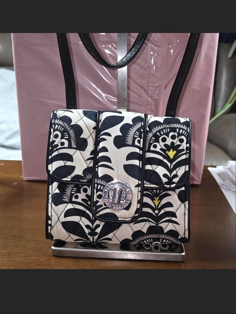 Vera Bradley Black and White Floral Quilted Crossbody with Yellow Accents